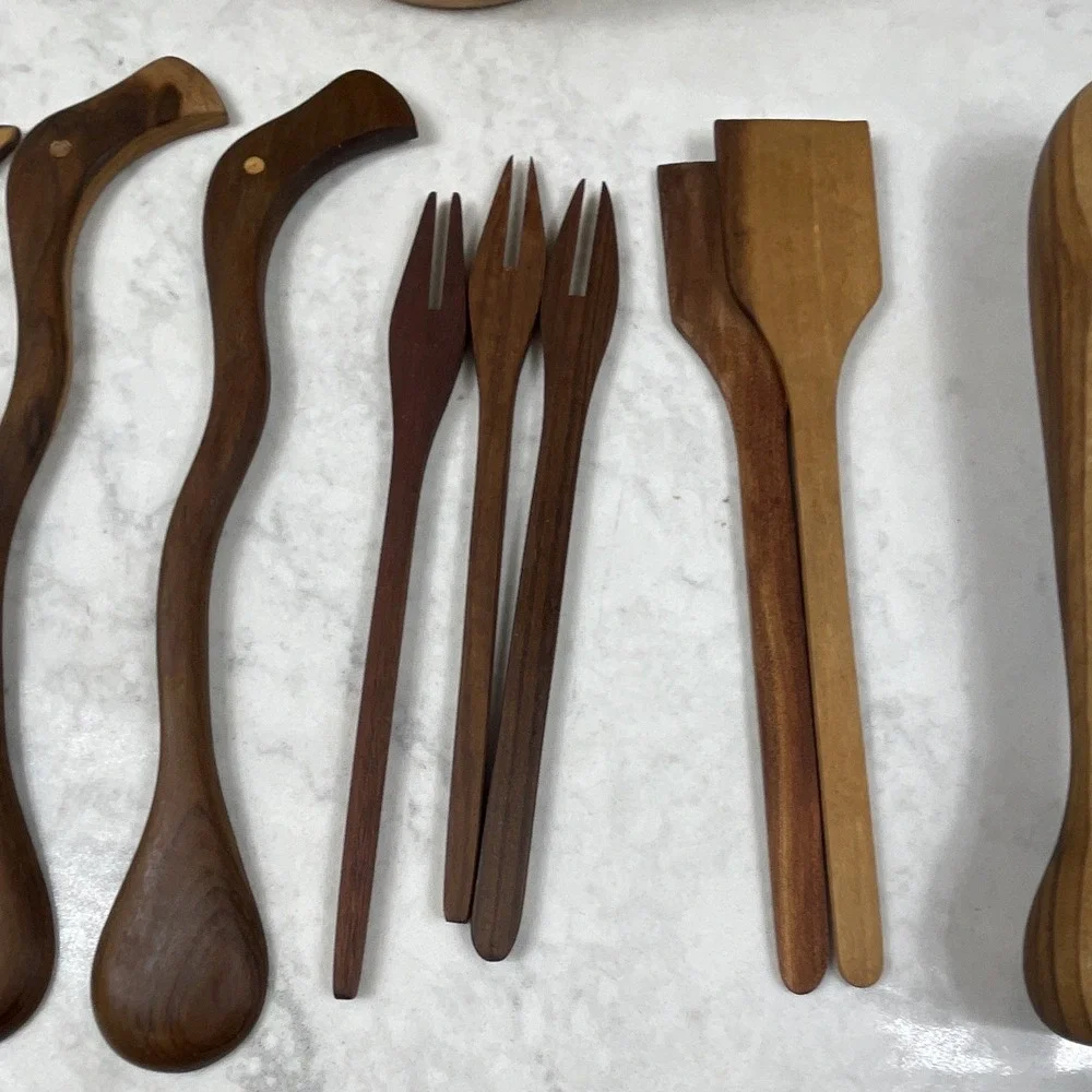 Rustic 11pc Wood Utensil Set Medium Brown Matte w/ Holder Spoon Fork Spatula